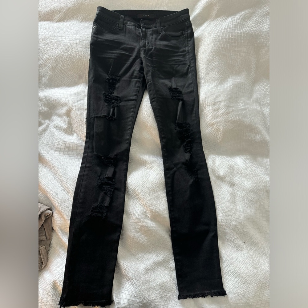 Joe’s high rise skinny coated black ripped jeans